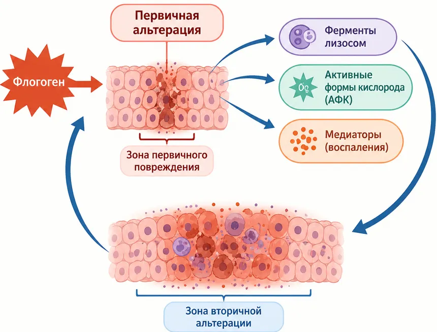 Схема двух видов альтерации. Флогоген вызывает первичное повреждение ткани, из поврежденных клеток выходят ферменты, активные формы кислорода и медиаторы, которые вызывают вторичное повреждение более широкой зоны.